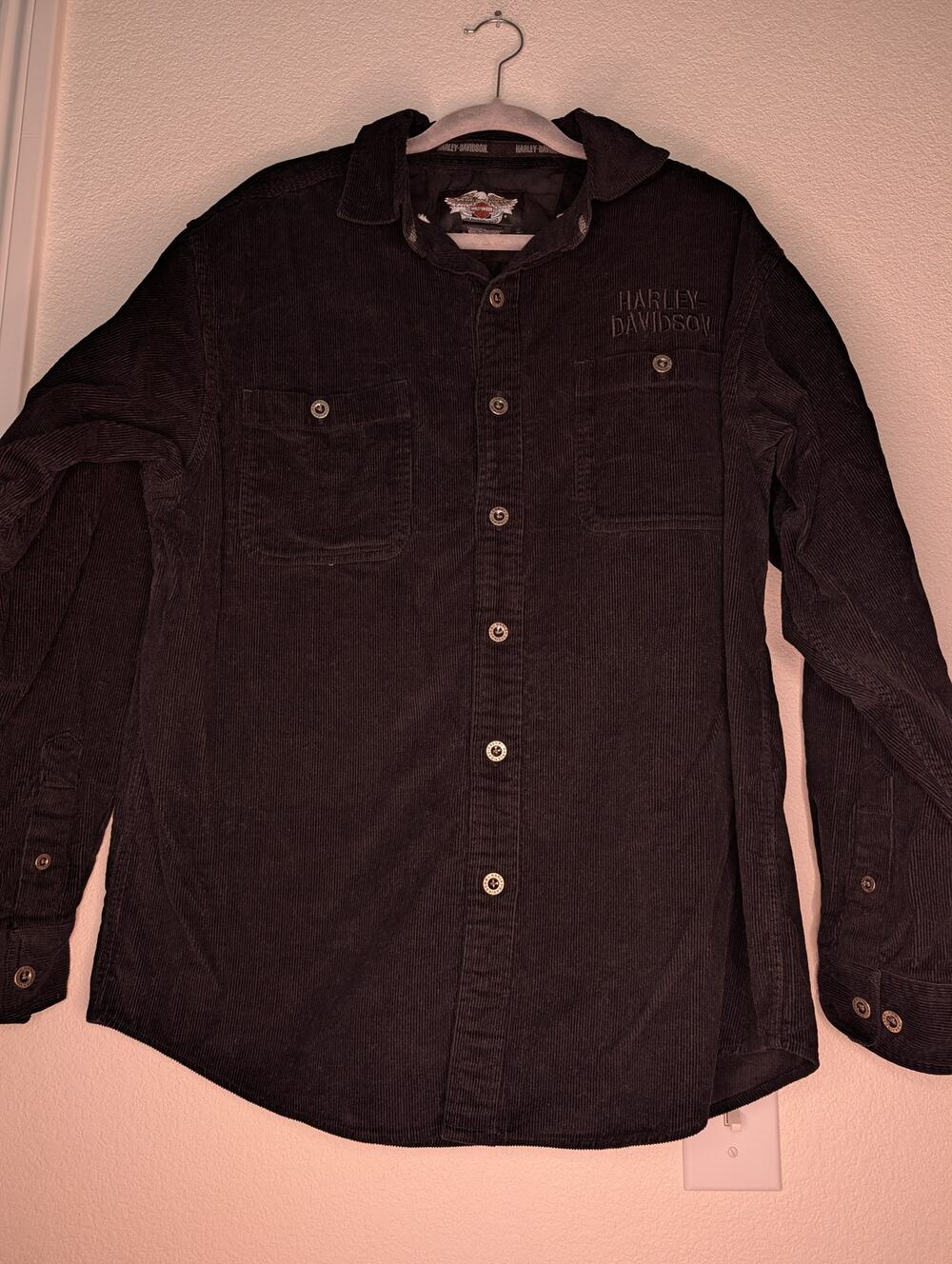 Harley Davidson Women's Corduroy Long-Sleeve Button Up Black L Moto Biker Punk